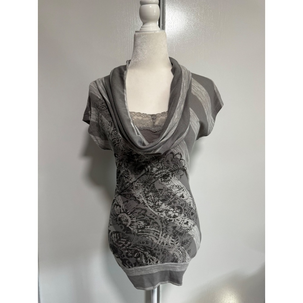 Almost Famous Grey Cowl Neck Tunic Top Lace Trim Graphic Stripe Small